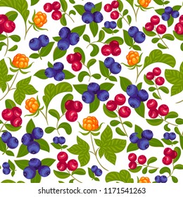 Seamless pattern with cranberries, blueberries, cloudberries. Packaging, design for fabric, wallpaper.