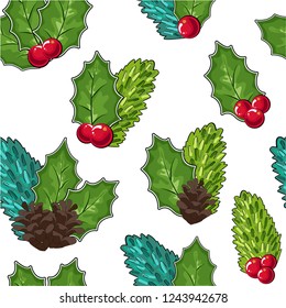 seamless pattern of Cranberries, cones and fir branches and berries. Cowberry Doodle vector illustration in red and green. The cranberries image to your menu and packaging design. Christmas pattern.