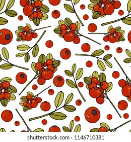 Seamless pattern with cranberries and leaves on white background
