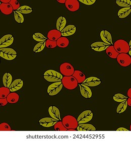 Seamless pattern of cranberries or lingonberries with leaves on a dark green berry background. Vector autumn illustration for printing on packaging, wallpaper, fabric, web design
