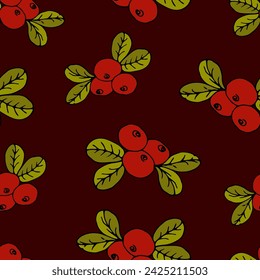 Patrón inconsútil de arándanos o arándanos con hojas sobre un fondo de baya borgoña oscuro. Ilustración de otoño del vector para la impresión en el embalaje, papel pintado, tela, diseño de la web