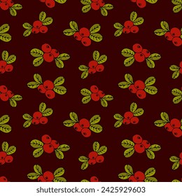 Seamless pattern of cranberries or lingonberries with leaves on a dark burgundy berry background. Vector autumn illustration for printing on packaging, wallpaper, fabric, web design