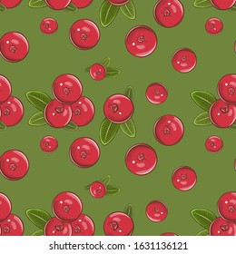 Seamless pattern with cranberries on a green background in vintage style
