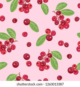 Seamless pattern with cranberries on pink background. Vector illustration of red berries in cartoon flat style.