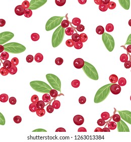 Seamless pattern with cranberries on a white background. Vector illustration of red berries in cartoon flat style.