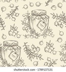 Seamless pattern with cranberry berryes and jar of jam with cranberry. Vector hand drawn illustration.
