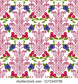 Seamless pattern with cranberry, blueberry, openwork pattern. Packaging, design for fabric, embroidery, folk art. Scandinavian style.