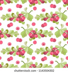 Seamless pattern of cranberry branches on white background. Ripe sweat berries can be used for wallpaper, textile, wrapping paper or website background.