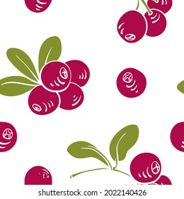Seamless pattern with cranberry. Colorful paper cut collection of wild and garden berries and leaves in  style isolated on white background. Doodle hand drawn vector illustration