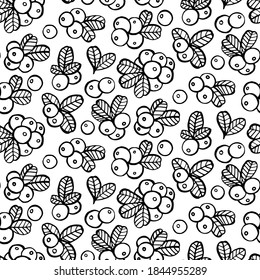 Seamless pattern with Cranberry and leaves. Graphic hand drawn engraving style. Doodle illustration for packaging, menu cards, posters, prints.