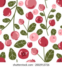 Seamless pattern of cranberry with leaves, wild forest berries. Modern flat illustration.