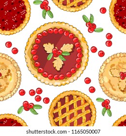 Seamless pattern with cranberry pies. The theme of autumn, harvest and thanksgiving.