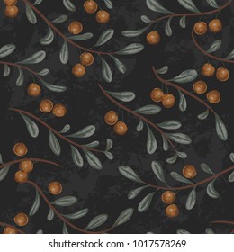 Seamless pattern with cranberry plant on black grunge background. Vintage vector illustration in watercolor style
