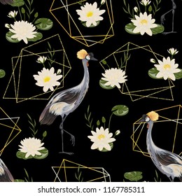 Seamless pattern with crane bird, water lily and golden polygonal shapes. Oriental motif. Design concept for print, card, poster, wallpaper. Vector illustration in watercolor style 