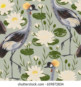 Seamless pattern with crane bird and water lily. Oriental motif. Vintage hand drawn vector illustration in watercolor style