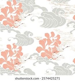 Seamless pattern crane birds, grey cloud , hand drawn wave and peony flower with traditional Japanese pattern style. Chinese landscape painting aesthetic