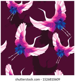 Seamless pattern of cranes bird in dark damson. Asia style. Vector illustration. Textiles or scarf, rug, etc. 