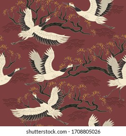 Seamless pattern with cranes birds and trees. Vector graphics