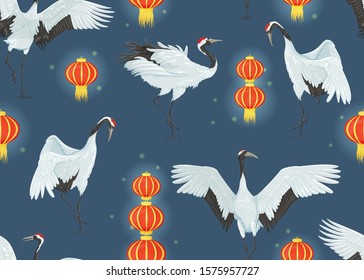 Seamless pattern with cranes and Chinese lanterns
