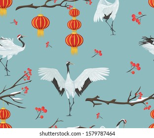 Seamless pattern with cranes, chinese lanterns and rowan branches