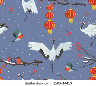 Seamless pattern with cranes, chinese lanterns and rowan branches