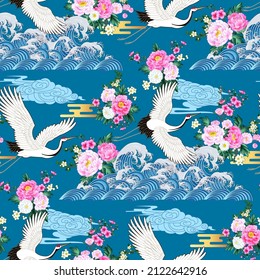 Seamless pattern with cranes and clouds