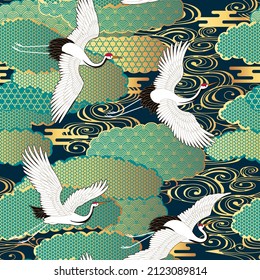 Seamless pattern with cranes and clouds