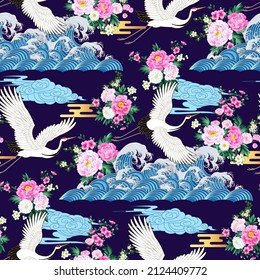 Seamless pattern with cranes and clouds