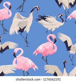 seamless pattern with cranes and flamingos