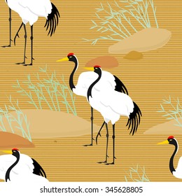 Seamless pattern with Cranes. Japanes pattern. Ornament with oriental motifs. Vector.