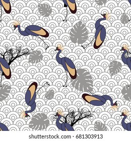 Patrón sin inconvenientes con grullas. Al estilo japonés. Ornamento con motivos orientales. Vector.