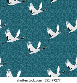 Seamless pattern with cranes. Japanese pattern. Vector.