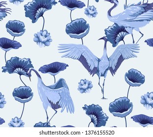 seamless pattern with cranes and lotuses
