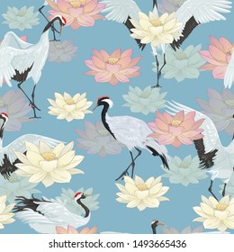 Seamless pattern with cranes and lotuses
