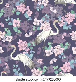 Seamless pattern with cranes and sakura flowers

