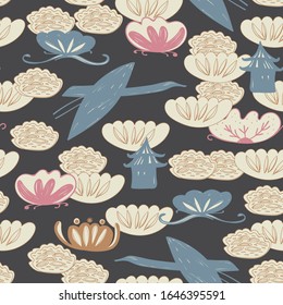 Seamless pattern cranes swans, herons birds fly, water lily, simple lines asian japanese chinese style blue gray background. trend of the season. Can be used for Gift wrap fabrics, wallpapers. Vector