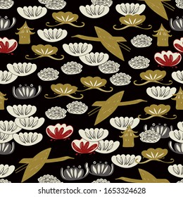 Seamless pattern cranes swans, herons birds fly, water lily, asian japanese chinese style gold gray black background. sketch trend of the season. Can be used for Gift wrap fabrics, wallpapers. Vector