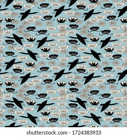 Seamless pattern cranes, swans herons birds fly, water lily simple lines asian japanese chinese style blue gray black background. trend of the season. Can be used Gift wrap fabrics, wallpapers. Vector
