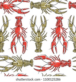 Seamless pattern with crawfish on a white background.Hand drawn vector illustration.