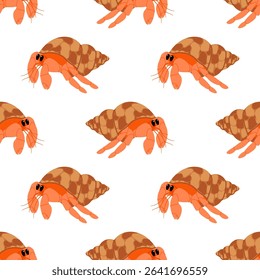 Seamless pattern with crawfish in seashell on white background. For sea or oceanic themes, packaging and textile designs.