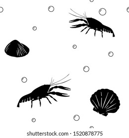 Seamless pattern with crawfish and shell isolated on white background; Monochrome sea objects; Vector endless background with black silhouettes of crayfish for fabric print, texture and wrapping paper