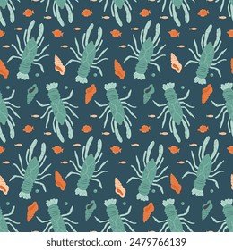 Seamless pattern with crawfishes and shells. Fish and crustacean repeat cover backdrop. Underwater sea life endless background. Marine world. Vector hand drawn flat illustration.