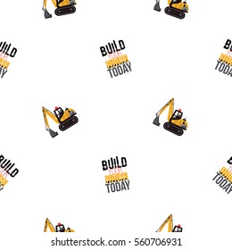 Seamless pattern with crawler excavator and build your future today label. Inspired by road, building machinery. Vector background for decoration for children's room, invitations, website, mobile app.