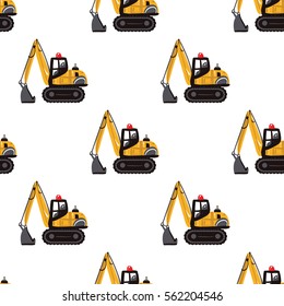 Seamless pattern with crawler excavator. Inspired by road, building machinery. Vector background for decoration children's room, invitations, website, mobile app.