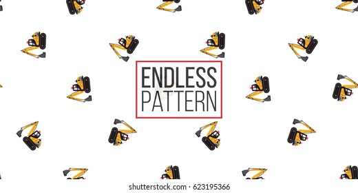 Seamless pattern with crawler excavator. Inspired by variety of road, building machinery. Vector background for decoration for children's room, invitations, website, mobile app.