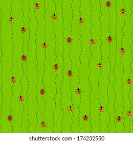 Seamless Pattern with Crawling Ladybugs and Ladybirds on a Grass-green Background. Plain  texture with swirls curves and Ladybugs.