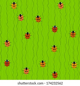 Seamless Pattern with Crawling Ladybugs and Ladybirds on a Grass-green Background. Plain  texture with swirls curves and Ladybugs.