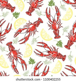 Seamless  pattern with crayfish, parsley, dill and lemon slices on white background. Food vector Illustration.