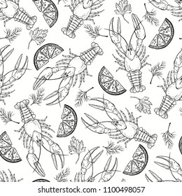 Seamless  pattern with crayfish, parsley, dill and lemon slices on white background. Black and white food vector Illustration.