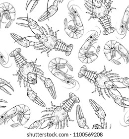 Seamless  pattern with crayfish and shrimps on white background.